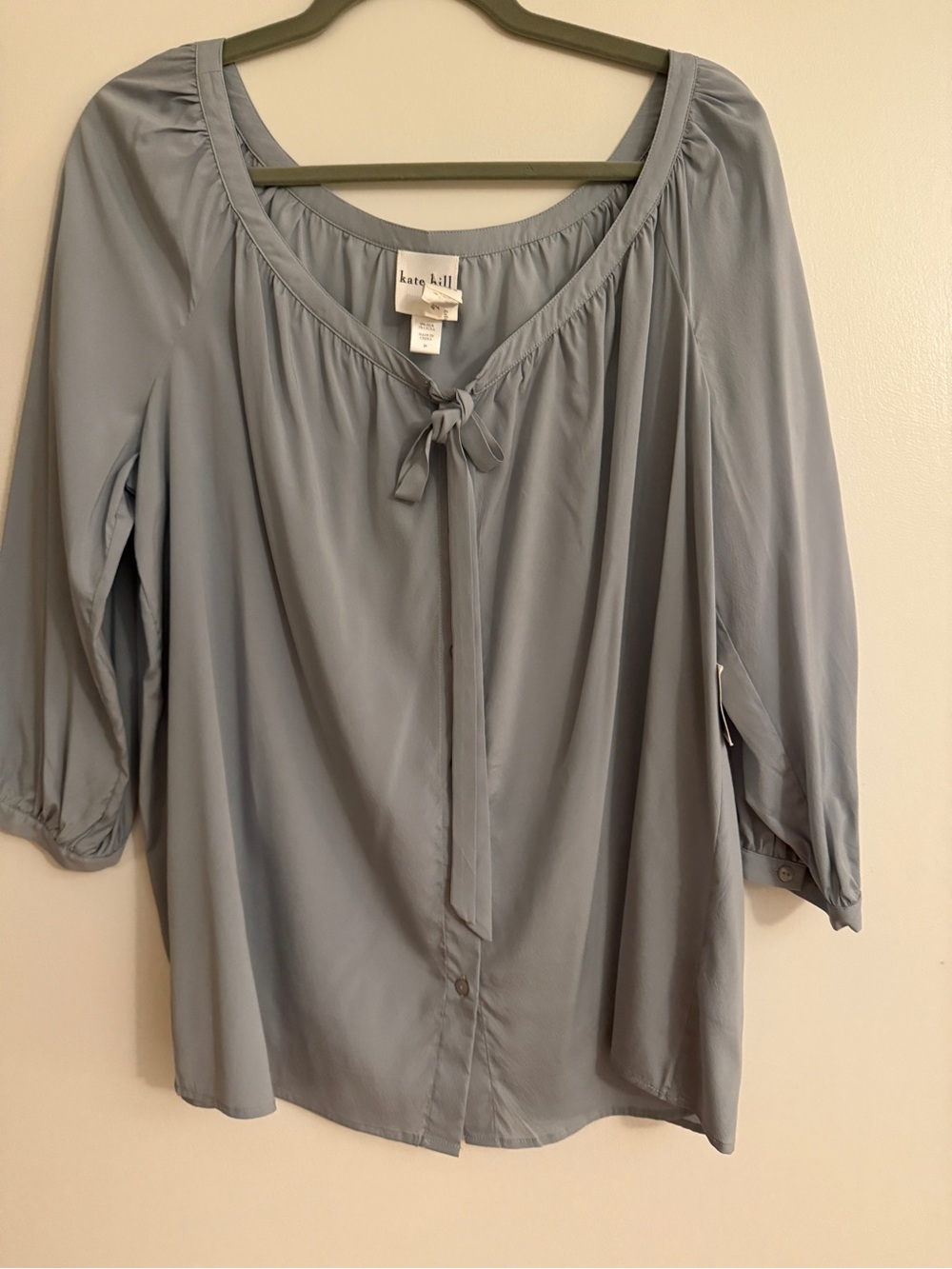 Kate Hill Dusty Blue Tie-Neck Peasant Blouse